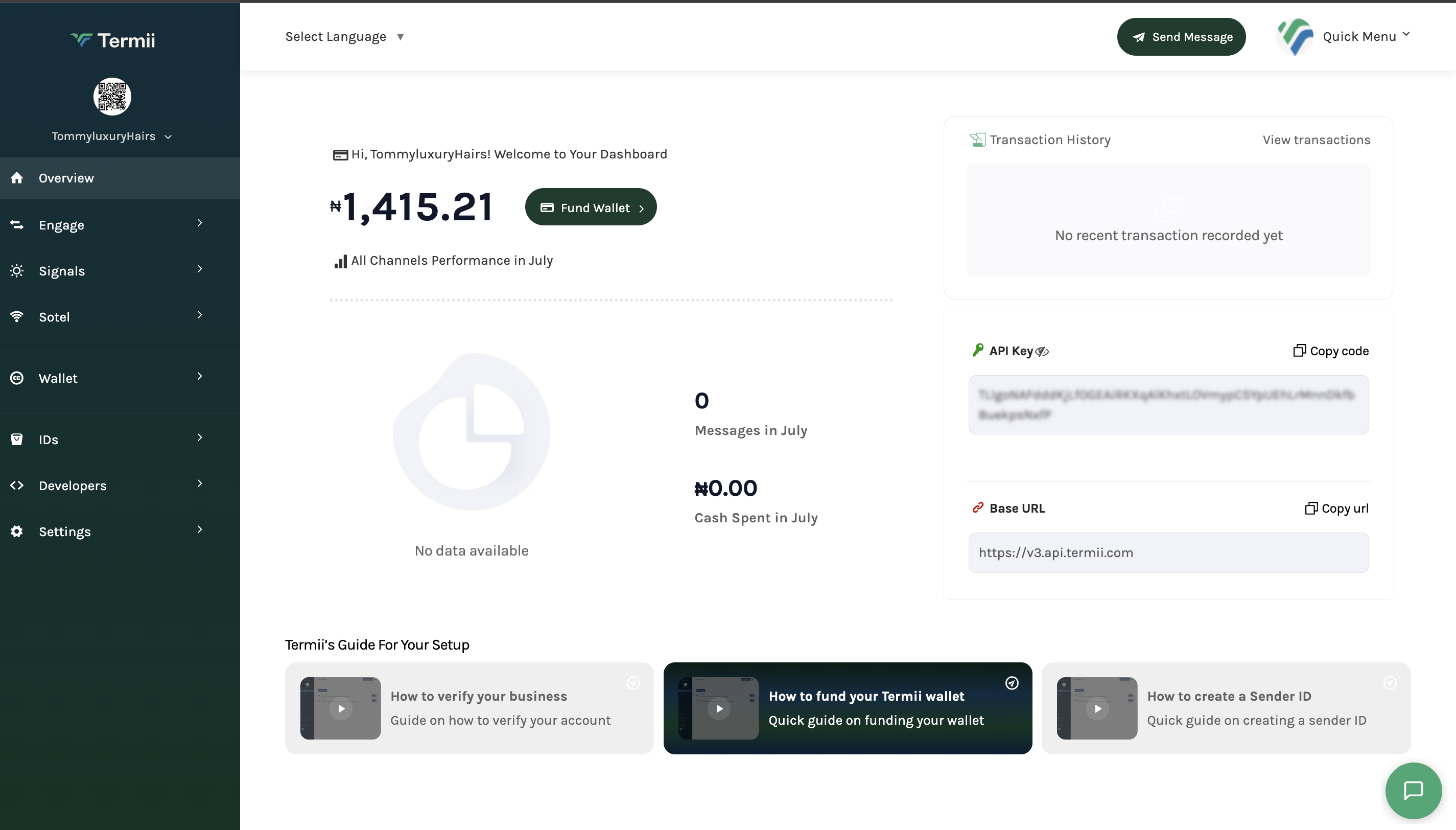 Termii dashboard showing the API Key and Base URL